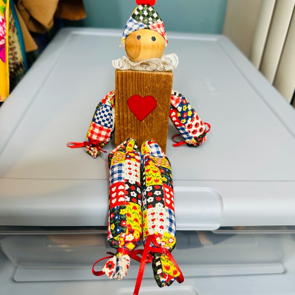 Vintage Wood Block Cloth Clown Figurine Hand Made Patchwork Clown Doll Heart